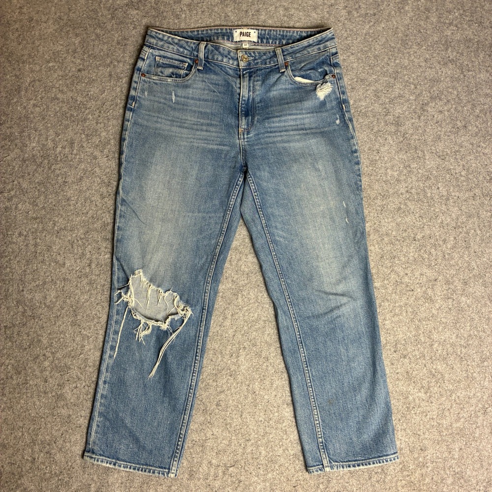Paige Noella Straight Leg Jeans Womens 30 32x25 Blue Distressed High Rise Denim